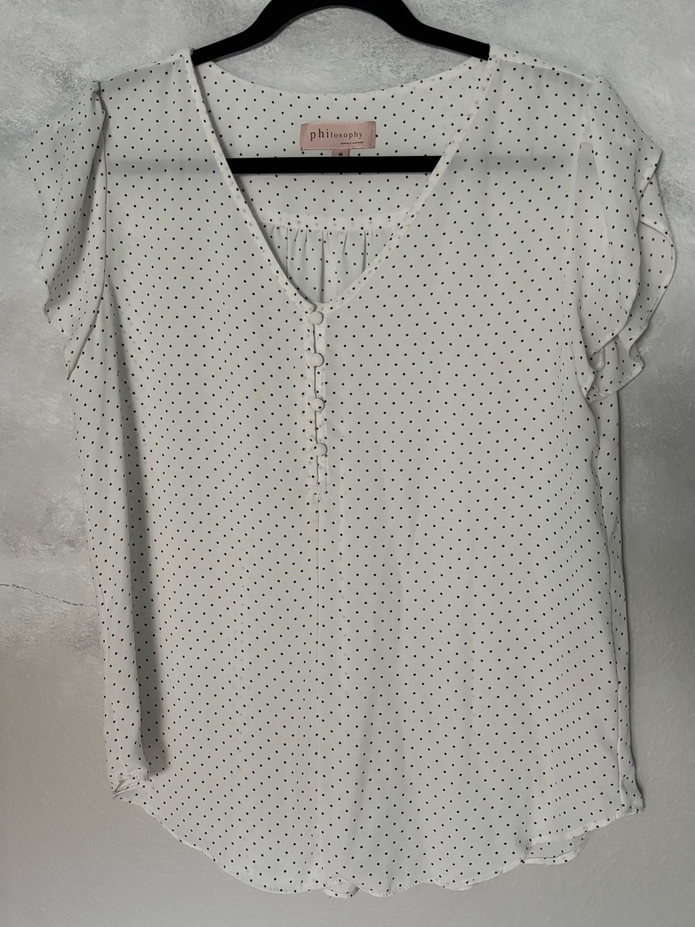 philosophy V-Neck Sheer Ruffle Sleeve White Polka Dot Med Blouse Office Casual